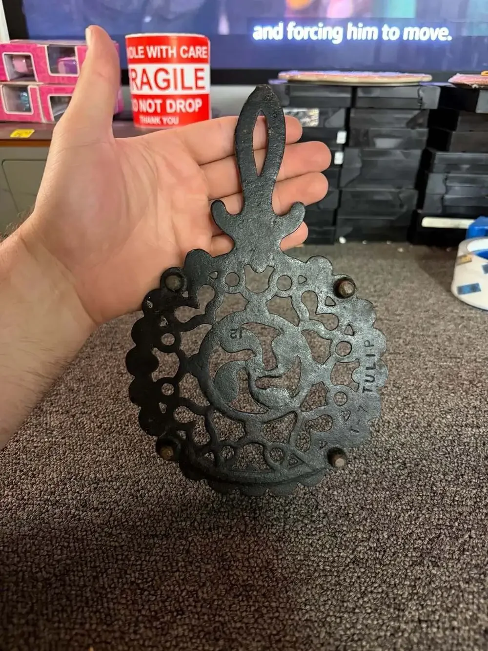 Vintage John Z. Harner Cast Iron Trivet Tulip Heart Ornate with Handle